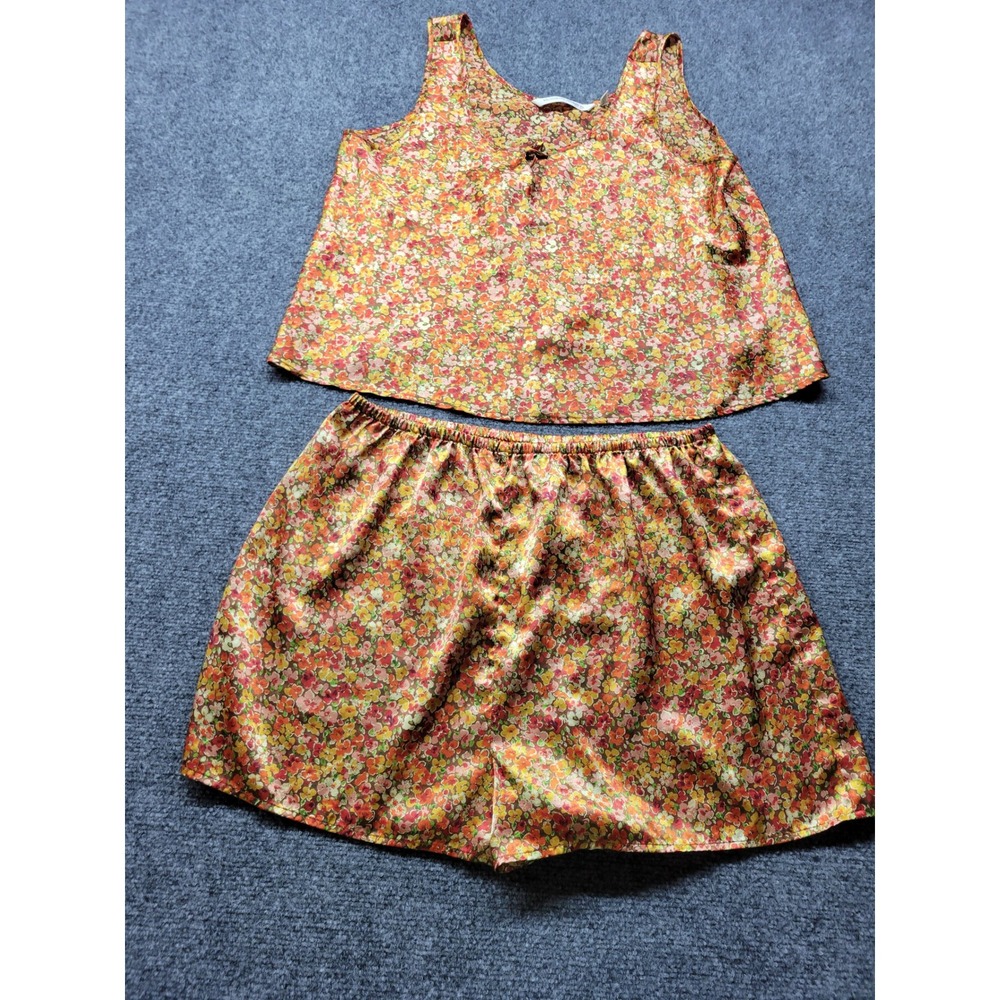 Victoria's Secret Floral Pajama Set Large Satin Tank and Shorts Orange Yellow